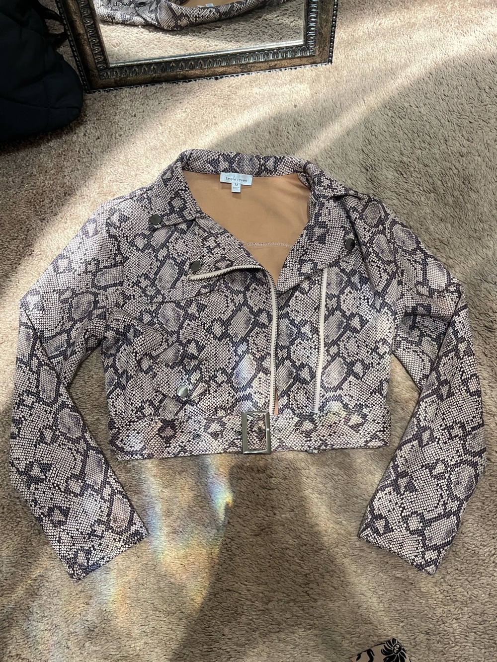 Cropped Faux Snake Print Moto Jacket in Taupe & Black
